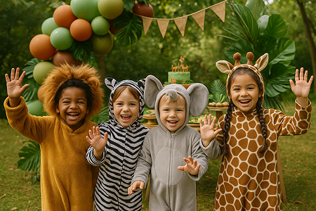 Crianças fantasiadas de animais em uma festa infantil tema Safari