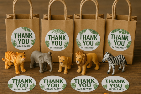 Lembrancinhas de aniversário tema Safari com sacolinhas, animais de pelúcia e adesivos