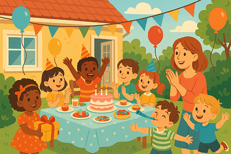 Festa de aniversário infantil acontecendo no quintal de uma casa