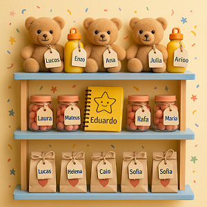 Lembrancinhas organizadas em uma estante com tags personalizadas.