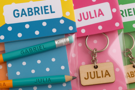 Close-up de lápis e chaveiros com nome gravado, em embalagem temática colorida