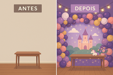 Quadro visual com “antes e depois” da decoração de um espaço comum transformado num painel mágico com balões, luzes e elementos temáticos