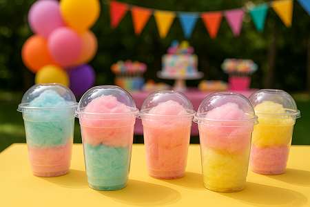 Potes com algodão doce colorido.